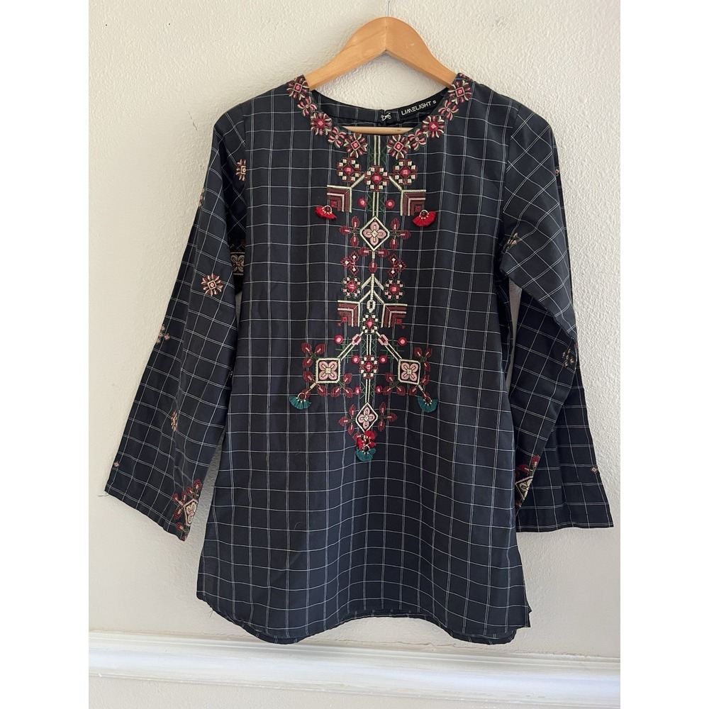 Limelight Plaid Embroidered Floral Tassel Tunic Top Size Small Bohemian Artsy